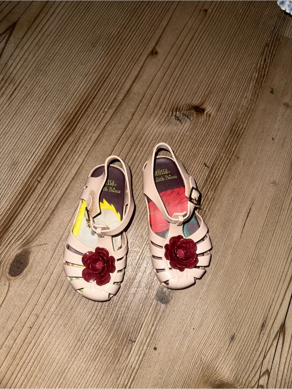 Melissa Pale Pink Kids Jelly Sandals with Burgundy Flower Accent